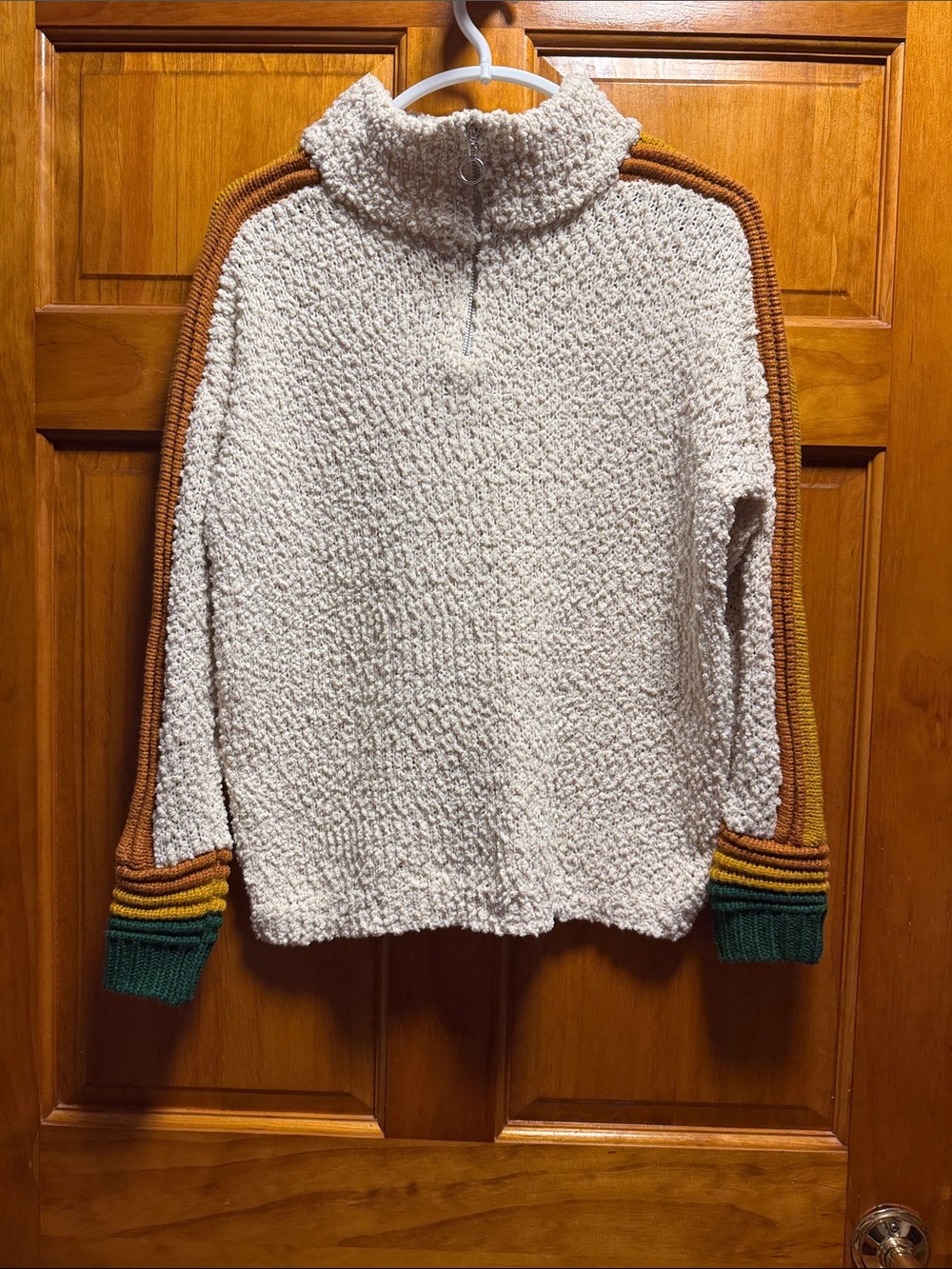Cream Sherpa Half-Zip Turtleneck Sweater with Rust and Forest Trim
